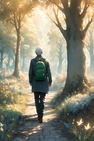  realistic, masterpiece,best quality,High definition, (realistic lighting, sharp focus), high resolution, volumetric light,, From behind, A man walking alone in a green valley, A day of spring
, Light theme, White hair ,falling leaves, dim light, flowers, beauty day, cloudy sky, traveler backpack, tree leaves in the air

