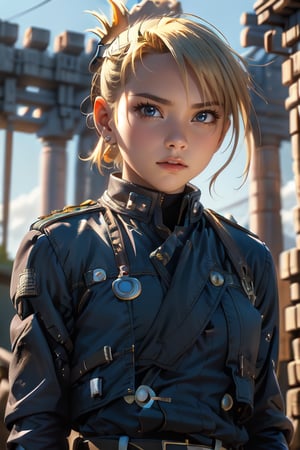 (Alone:1.5), (Solo:1.5), ((Medium full shot:1.5)), realistic, masterpiece,best quality,High definition, (realistic lighting, sharp focus), high resolution,volumetric light, outdoors, dynamic pose, RH, a 25 years old woman, pony_tail, folded ponytail, military uniform, medium breats, focus face, looking away