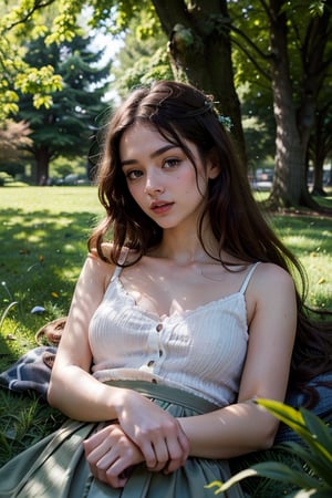 A serene 25-year-old woman lies peacefully asleep on a lush green grassy hillside within a vibrant city park. Soft sunlight filters through the trees, casting dappled shadows across her gentle features. Her long hair spreads out around her like a golden halo, blending with the surrounding foliage.