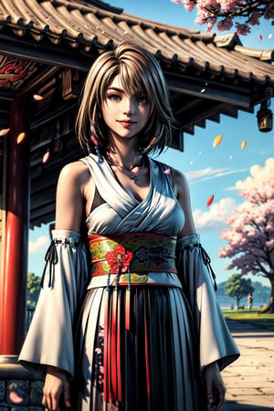(Solo:1.4)), ((MEDIUM FULL SHOT:1.5)),realistic, masterpiece,best quality,High definition, (realistic lighting, sharp focus), high resolution, 
a 25  years old woman, ,YunaFFX,  jewelry, detached sleeves, necklace, blue-beaded earring, hakama skirt, shy smile, outdoors, park, tree, cherry tree,  medium breats, volumetric light, cloudy day, morning, makeup, ((cherry petals in the hair)),dynamic pose, clouds, grass. hair movement