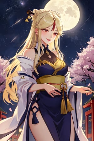 Ningguang, original_character, cherry blossom park in japan background in the night, elegant dress, blonde hair, looking away, seductively, natural color lips, smile, HDR, little full moon rising on the horizon, night with meteor shower

