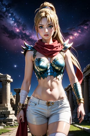 masterpiece, best quality, high quality details, 1girl, solo, armor, long hair, blonder hair, ponytail, green eyes, red scarf, belly button, bandages, white shorts,choker, bracelet, greek ruins, looking at viewer, starry sky, breats, hair movement soft smile