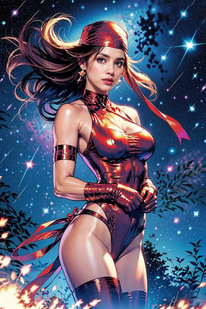 ((cowboy shot:1.2)), a 25 years old woman like a jennifer garner, 1girl, solo, black hair, breasts, weapon, bandana,  makeup, large breasts, jewelry, earrings, gloves, boots, ninja, red leotard, closed_mouth, focus face, outdoors, starry sky, hair movement