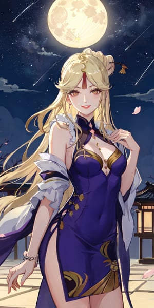 Ningguang, original_character, cherry blossom park in japan background in the night, elegant dress, blonde hair, Standing facing the camera, she faces the camera seductively, natural color lips, smile, HDR, little full moon rising on the horizon, night with meteor shower

