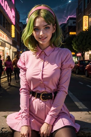 A gentle 25 years old woman in a garden at the night, pacefull face, soft smile, hair movement, briannedechateau-smf, solo, green hair, blue eyes, sky full of hearts, pink dress, belt, hairband, puffy sleeves, long sleeves, smile, ((pink aura, pink energy:1.3)), battle stance, destruction,black sky, night, black pantyhose, CyberPunkAI ( neon ) city , detailed background, soft smile