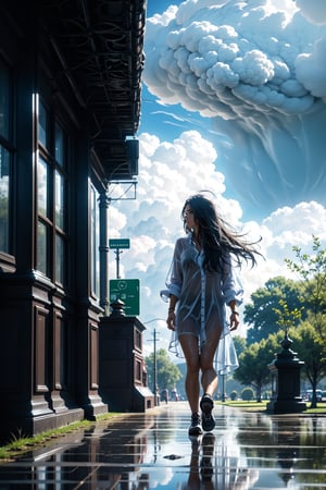 (alone:1.2),(solo:1.2), a 25 years old latin woman walking under heavy rain in the park, , wet hair, looking away, long hair, cloudy_sky