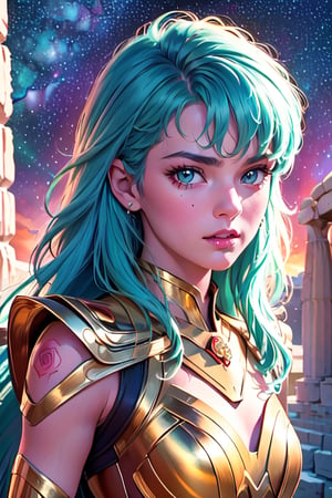 masterpiece,best quality,High definition, (realistic lighting, sharp focus), high resolution, ((volumetric light), ((Medium full shot:1.5)),,a woman, Aqua hair, , Long hair, greek temple, roses, roses petails in the hair, looking at viewer, starry sky, Gold armor, soft smile, pink lips, juicy lips,((closed mouth))