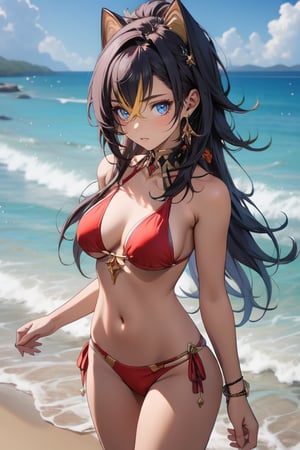 1 girl, Dehya from Genshin Impact in the beach, long hair, red bikini, soft smile, posing for viewer, looking away