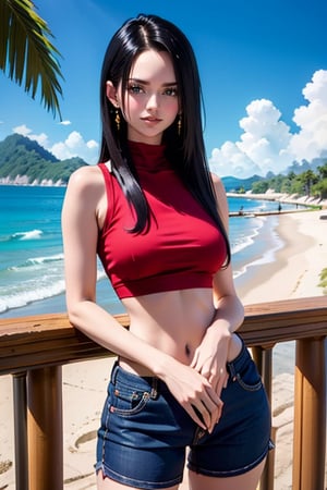 extremely detailed, (masterpiece, top quality, best quality), high resolution, absurd, 1 girl, alone, bandage, (detail light), soft ((smile,:1.3)) cowboy shot, outdoors, smile, looking at viewer, beach, outdoors, starry posing for viewer,  hand touching her hair, detailed hands, (( soft smile:1.2)), pink top, turtleneck, short pants, long hair, red jacket, hair movement