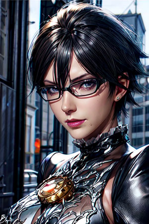 ((movie lighting)), super detailed, dramatic lighting, intricate detail,
1girl, 35 years old, bayonetta_2_shorthair_aiwaifu,Detailedface, big breasts, cleavage, black hair, beautiful face, very long shiny brown hair,  glasses,  detailed face, detailed eyes, looking_at_viewer, ,glass, street background, defiant look
