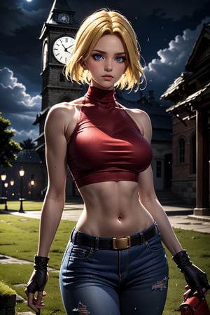  from above (best quality, masterpiece:1.2), ultra-detailed, blue_mary, 1girl, breasts, belt, navel, solo, pants, jeans, midriff, denim, turtleneck, sleeveless, (red crop top:1.4), torn clothes, (park, night), large breasts, torn pants, bare shoulders, shirt, brown belt, ((looking at away)), ((red sleeveless turtleneck)), blonde hair, black gloves, hair movement, box pose, grass, clock tower, stone bridge, clouds, light rain, moonlight