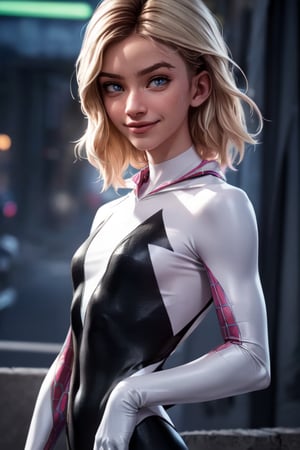 (Alone:1.5), (Solo:1.5), ((Medium full shot:1.5)), realistic, masterpiece,best quality,High definition, (realistic lighting, sharp focus), high resolution,volumetric light, outdoors, dynamic pose, BREAK, a 25 years old woman, Spider_gwen.gwen_ stacy,spider_girl,comic, spidergirl, hair movement, blond_hair,blue_eyes, focus face,  looking at viewe, Smile,gwen