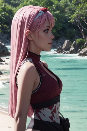 (side view),((alone:1.5)). ((Solo:1.5)), ((MEDIUM FULL SHOT:1.5)),realistic, masterpiece,best quality,High definition, , high resolution,,A 25 years old woman in the beach, zero_two, outdoors, SFW, pink bikini, portrait, park,   professional lighting, Pink hair, long hair,  ((shy smile )), medium breats, hourglass body,raytracing, pastelbg, posing