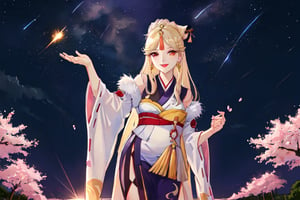 Ningguang, original_character, cherry blossom park in japan background in the night, elegant dress, blonde hair, Standing facing the camera, she faces the camera seductively, natural color lips, smile, HDR, little full moon rising on the horizon, night with meteor shower

