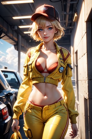 medium full shot, realistic, masterpiece,best quality,High definition, high resolution, BREAK,a 35yo woman in a yellow mechanic suit,  shiny skin, looking at viewer, wide hips, thin waist, Blonde hair, hair movement, hair beetween eyes, blue eyes, cloudy sky, Dynamic pose,volumetric light, BREAK, shy smile,   short hair, light fog,cindy aurum, mechanical workshop, red hat, orange bra, oil stains on clothes, closed shirt, yellow mechanical pants

