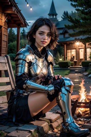 a young woman sitting next to a bonfire at night, looking away, knight armor, front view, smile, short hair, crossed_legs