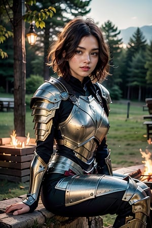 a young woman sitting next to a bonfire at night, looking away, knight armor, front view, smile, short hair, crossed_legs, intrincade detail armor, red lips