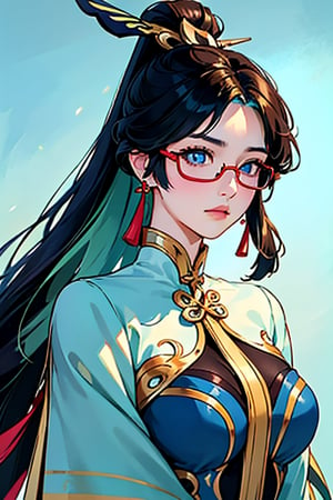 (masterpiece:1.2, best quality),(colored background) (finely detailed beautiful eyes: 1.2),guweiz style,details, (extremely detailed CG unity 8k wallpaper, masterpiece, best quality, ultra-detailed, best shadow), (detailed background), (beautiful detailed face, beautiful detailed eyes), High contrast, (best illumination, an extremely delicate and beautiful),1girl, dynamic angle,beautiful detailed,midjourney, ,EpicArt,guweiz style, (Hands:1.1), ,better_hands, stunning beautiful, xianyun, very long hair, ponytail, hair ornament, semi-rimless eyewear, earrings,black bodysuit, elbow gloves,