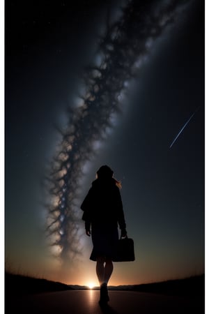 a woman walking, Starry sky