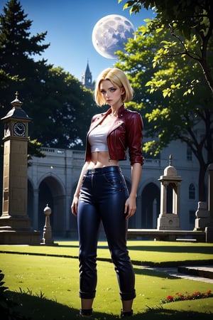 ((alone:1.5)). ((Solo:1.5)), ((MEDIUM FULL SHOT:1.5)),realistic, masterpiece,best quality,High definition, , high resolution, a 25 years old  woman.  Medium height, Short blonde hair, Blue eyes, Tanned complexion, Kof, Blue Mary, Red Tight leather jacket, short ankle-length combat pants, in the park, moon light, looking at viewer, tree, grass, bridge in the distance, clock tower, flowers, ((looking away:1.2)), focus face, hair movement, 