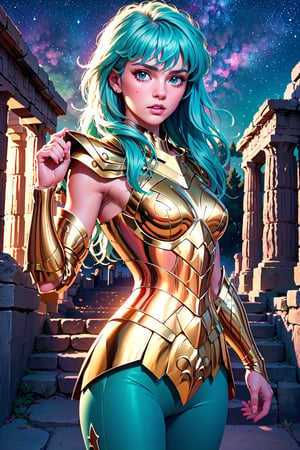 masterpiece,best quality,High definition, (realistic lighting, sharp focus), high resolution, ((volumetric light), ((Medium full shot1.5)),,a woman knight, Aqua hair, , Long hair, greek temple, roses, roses petails in the hair, looking at viewer, starry sky, Gold armor, soft smile, pink lips, juicy lips,((closed mouth)), fight pose, green pants, greek temple