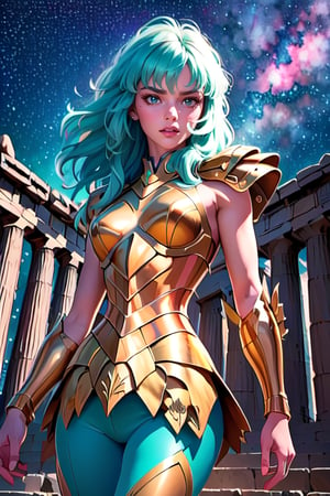 masterpiece,best quality,High definition, (realistic lighting, sharp focus), high resolution, ((volumetric light), ((Medium full shot1.5)),,a woman knight, Aqua hair, , Long hair, greek temple, roses, roses petails in the hair, looking at viewer, starry sky, Gold armor, soft smile, pink lips, juicy lips,((closed mouth)), fight pose, green pants