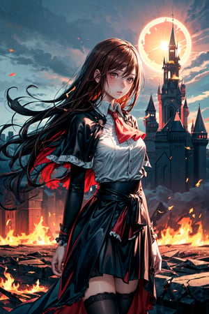 Gothic theme, ((Alone:1.4)), ((Solo:1.4)), ((MEDIUM FULL SHOT:1.5)),realistic, masterpiece,best quality,High definition, (realistic lighting, sharp focus), high resolution, ((volumetric light)), outdoors,  , ((a 25 years old woman on a desolate castle)),((thin waist, wide hips)), ((large breats:1.5)),  hair between eyes, ((looking at away:1.3)),  masterpiece, best quality, high detailed, picture perfect face,blush,freckles,charlotte aulin,perfect female body,long hair,brown hair, ascot,capelet,skirt,blue thighhighs, ((focus face:1.3)), dust, night, Dark orange sky, Eclipse, (castle in mid distance), fire all around, and burning fields, dark red clouds, fog, ashes, burning tree's,