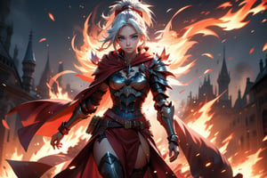cowboy shot, a 25 years old woman walking through the flames, gothic armor, focus face, red cape, red hood, hood cover the face, intrincade detail armor, white hair, hair movement, ponytail, flames particles, looking away, hourglass body, closed_mouth