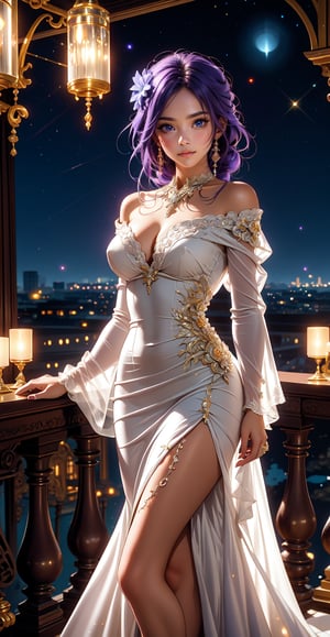 (Alone:1.4)), ((Solo:1.4)), cowboy_shot, realistic, masterpiece,best quality,High definition, (realistic lighting, sharp focus), high resolution,volumetric light, outdoors. A glamorous 25-year-old woman stands on a balcony, her vibrant purple hair intricately braided, cascading gracefully over her shoulder. She poses with a tender smile and warm, inviting eyes, gazing at the stars that sprinkle the night sky. She is dressed in a stunning white gown adorned with beautiful lace details, the delicate patterns enhancing her elegance. The dress flows elegantly down to the floor, with intricate lacework at the sleeves and neckline, adding a touch of timeless charm. The balcony belongs to an elegant, opulent estate, with ornate railings and lush, cascading plants that frame her figure. Soft, ambient lighting from crystal chandeliers inside the grand hall spills out onto the balcony, casting a gentle glow. The woman exudes both sophistication and serenity, creating a mesmerizing scene of beauty and grace.,raiden_shogun_genshin, braided hair