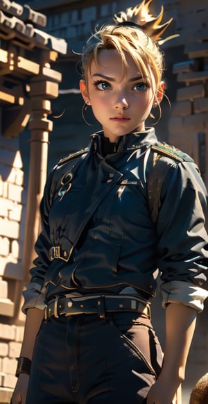(Alone:1.5), (Solo:1.5), ((Medium full shot:1.5)), realistic, masterpiece,best quality,High definition, (realistic lighting, sharp focus), high resolution,volumetric light, outdoors, dynamic pose, RH, a 25 years old woman, pony_tail, folded ponytail, military uniform, 