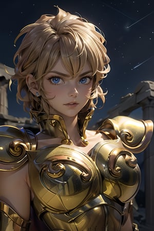  masterpiece,best quality,High definition, (realistic lighting, sharp focus), high resolution, ((volumetric light), Medium full shot, a woman, greek ruins, lookin away, focus face, hair movement, intrinsecal detail armor, ,leoarmor,golden armor, outdoors, dust, hair movement, brunete hair, outdoors, starry sky, short hair