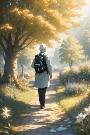  realistic, masterpiece,best quality,High definition, (realistic lighting, sharp focus), high resolution, volumetric light,, From behind, A man walking alone in a green valley, Light theme, White hair ,falling leaves, dim light, flowers, beauty day, cloudy sky, traveler backpack, tree leaves in the air

