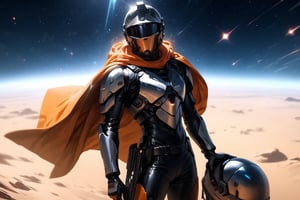 Alone, solo, Badass, ((masterpiece: 1.2)), realistic, masterpiece,best quality,High definition, , high resolution, stunning image, light particles, dust particles, holding, male focus,  orange cape, Desertic tundra, armor,  ((helmet:1.5)), futuristic space ships, futuristic pilot suit,