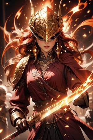 ((medium full shot:1.5)), (masterpiece, best quality:1.1),fantasy, intricate, illustration ,soft lighting, specular lighting, extremely detailed, hyper detailed, realistic, perfect face, ,sharp focus, (4k), 1girl, swordmaster woman,malenia blade of miquella, castle background, covered eyes,winged helmet, (golden particles effect:1.4),(red flames of rot:1.2),midjourney, close, red hair