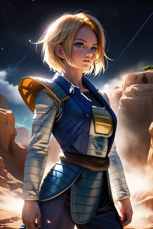 ,realistic, masterpiece,best quality,High definition, (sharp focus), high resolution, ((volumetric light)), outdoors, Cowboy shot, A 25 years old ((saiyan woman)), blonde hair, valley,  Saiyan armor, short hair,  blue eyes,  looking away, starry sky, detailer saiyan armor,  hair movement