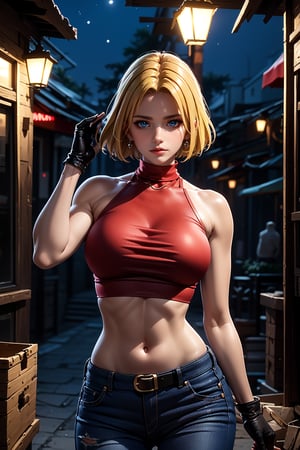  from above (best quality, masterpiece:1.2), ultra-detailed, blue_mary, 1girl, breasts, belt, navel, solo, pants, jeans, midriff, denim, turtleneck, sleeveless, (red crop top:1.4), torn clothes, (park, night), large breasts, torn pants, bare shoulders, shirt, brown belt, building, looking at away,red sleeveless turtleneck, blonde hair, black gloves, hair movement, box pose