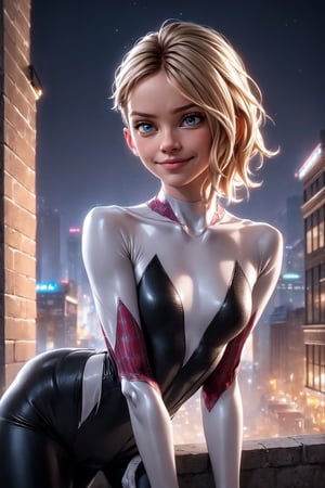 (Alone:1.5), (Solo:1.5), ((Medium full shot:1.5)), realistic, masterpiece,best quality,High definition, (realistic lighting, sharp focus), high resolution,volumetric light, outdoors, dynamic pose, BREAK, a 25 years old woman like a Emma Stone
on top of a building during a starry night, spidergirl, hair movement, blond_hair, blue_eyes, focus face,  looking away, Smile,gwen,spider_girl,comic, city light, medium breats, short hair