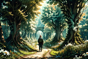  realistic, masterpiece,best quality,High definition, (realistic lighting, sharp focus), high resolution, volumetric light,, From behind, A man walking alone in a green valley, Light theme, White hair ,falling leaves, dim light, flowers, beauty day, cloudy sky, traveler backpack, tree leaves in the air

,fantasy00d