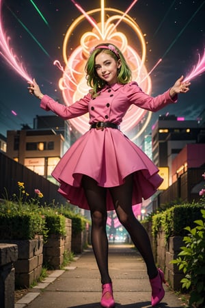 A gentle 25 years old woman in a garden at the night, pacefull face, soft smile, hair movement, briannedechateau-smf, solo, green hair, blue eyes, sky full of hearts, pink dress, belt, hairband, puffy sleeves, long sleeves, smile, ((pink aura, pink energy:1.3)), battle stance, destruction, ruins, stone, black sky, pink energy around, night, glowing hearts, open arms, full body, black pantyhose, CyberPunkAI ( neon ) city , detailed background