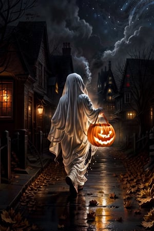 1girl, ghost female, hide face, floating body, walking on cementery, light fog, night, starry night, halloween_2018, haloween pumpkins