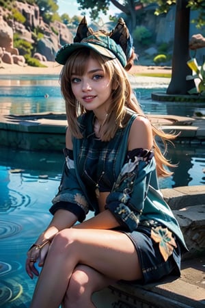 A young woman, 25 years old, with a shy demeanor, wearing a hat and sporting a striking double tail hairstyle. She sits confidently, her eyes gazing slightly downward, yet a subtle smile plays on her lips, hinting at a warm and inviting personality ((smile:1.3)). Her hair moves softly in the air, framing her features with gentle waves. The overall atmosphere is one of quiet contemplation, as if she's lost in thought despite her outward reserve.