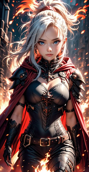 cowboy shot, a 25 years old woman walking through the flames, gothic armor, focus face, red cape, red hood, hood cover the face, intrincade detail armor, white hair, hair movement, ponytail, flames particles, looking away