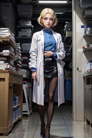 ((alone:1.5)). ((Solo:1.5)), ((MEDIUM FULL SHOT:1.5)),realistic, masterpiece,best quality,High definition, , high resolution,,, a 35 years old  woman, blonde hair, short hair, looking away,pantyhose, high heels, blue shirt, white lab coat, black skirt, clothed,focus face, hourglas body, medium breats
