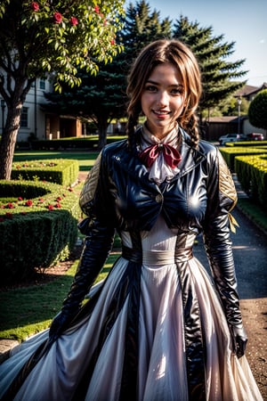 A 25 years old woman field of roses, ,violet evergarden, braid, hair ribbon,red ribbon, jewelry, white ascot, brooch,blue jacket, long sleeves, brown gloves,white dress, long dress, hair movement,  ((shy smile)), closed_mouth,Add more details,Enhance details