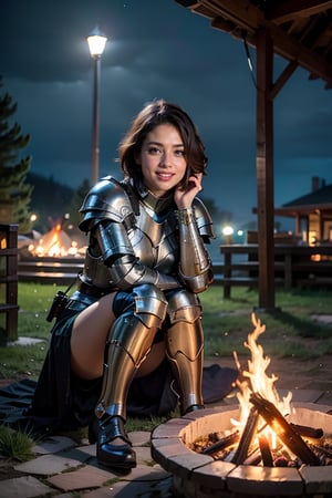 a young woman sitting next to a bonfire at night, looking away, knight armor, front view, smile, short hair, crossed_legs