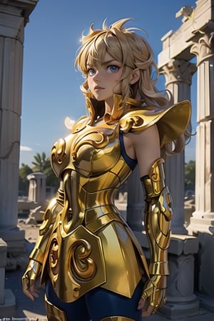 Medium full shot, a woman, greek ruins, lookin away, focus face, hair movement, intrinsecal detail armor, ,leoarmor,golden armor, outdoors, dust, hair movement, brunete hair, 