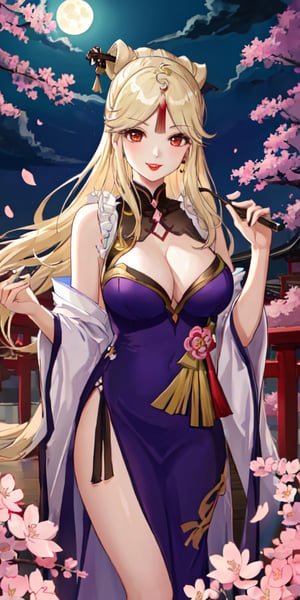 Ningguang, original_character, cherry blossom park in japan background in the night, elegant dress, blonde hair, Standing facing the camera, she faces the camera seductively, red lips, smile, HDR, full moon rising on the horizon