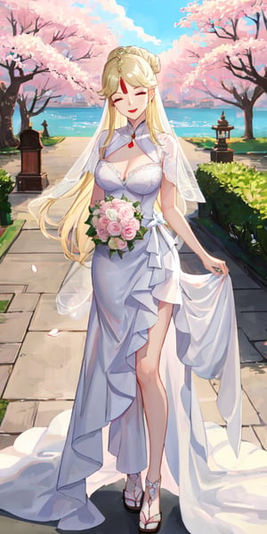 Ningguang, original_character, cherry blossom park in japan background, wedding dress, blonde hair, Standing facing the camera, she faces the camera seductively, red lips, smile, close eyes