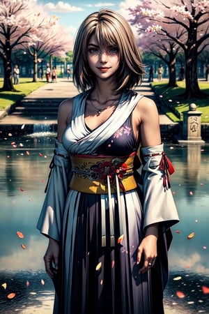 (Solo:1.4)), ((MEDIUM FULL SHOT:1.5)),realistic, masterpiece,best quality,High definition, (realistic lighting, sharp focus), high resolution, 
a 25  years old woman, ,YunaFFX,  jewelry, detached sleeves, necklace, blue-beaded earring, hakama skirt, shy smile, outdoors, park, tree, cherry tree,  medium breats, volumetric light, cloudy day, ((NIGHT)), flowers, ,lake,, makeup, ((cherry petals in the hair:1.3)),dynamic pose, clouds, grass. hair movement, hand on hips, 