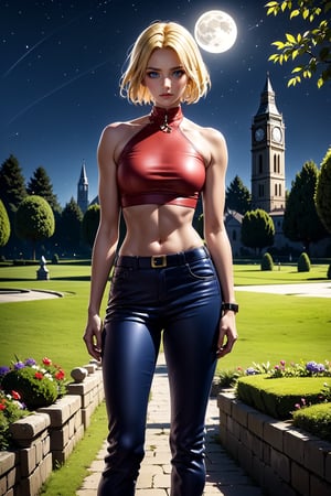 ((alone:1.5)). ((Solo:1.5)), ((MEDIUM FULL SHOT:1.5)),realistic, masterpiece,best quality,High definition, , high resolution, a 25 years old  woman.  Medium height, Short blonde hair, Blue eyes, Tanned complexion, Kof, Blue Mary, Red Tight leather jacket, short ankle-length combat pants, in the park, moon light, looking at viewer, tree, grass, bridge in the distance, clock tower, flowers